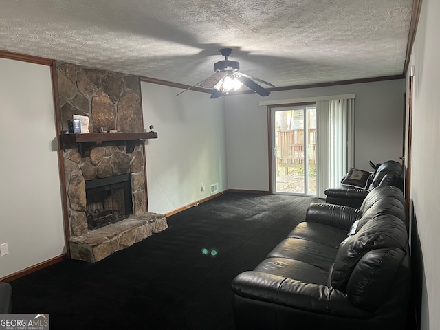 carpeted living room featuring a textured ceiling, ornamental molding, and a fireplace