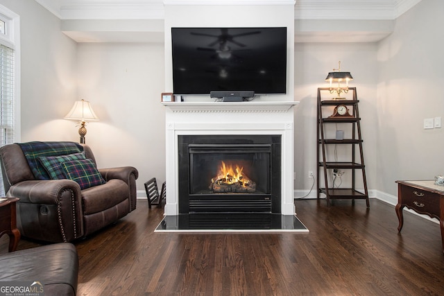 living room featuring dark hardwood / wood-style flooring and ornamental molding