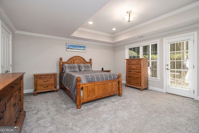 bedroom featuring multiple windows, ornamental molding, access to outside, and light colored carpet