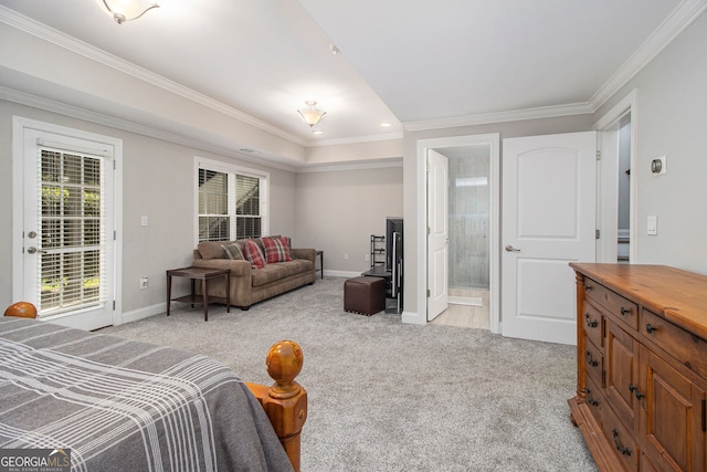 carpeted bedroom featuring crown molding, access to exterior, and ensuite bath