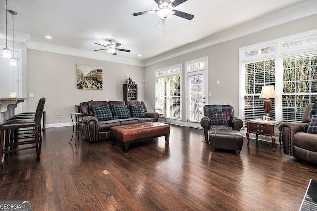 living room with ceiling fan, crown molding, and dark wood-type flooring