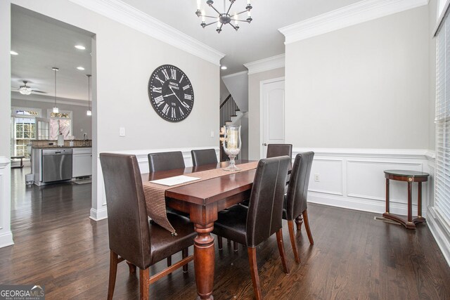 bedroom with carpet floors, ceiling fan, and ornamental molding