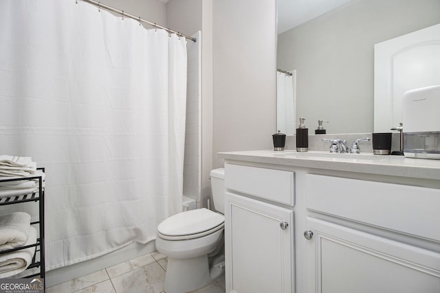 full bathroom featuring tile patterned flooring, vanity, shower / tub combo, and toilet