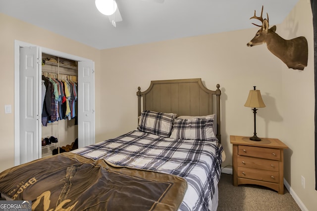 bedroom with dark carpet, a closet, and ceiling fan