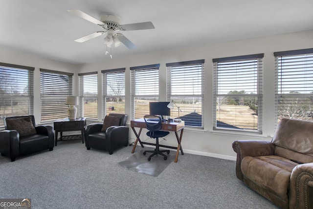 carpeted office space featuring plenty of natural light and ceiling fan