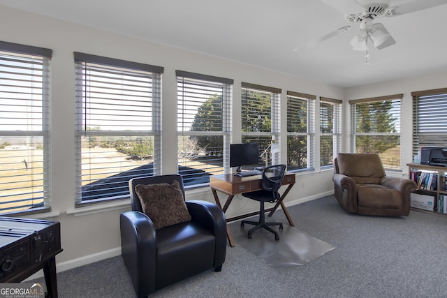 carpeted office with ceiling fan