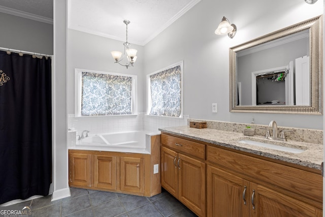 bathroom with tile patterned floors, crown molding, and a textured ceiling