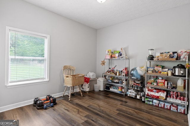 miscellaneous room featuring dark hardwood / wood-style flooring and a textured ceiling