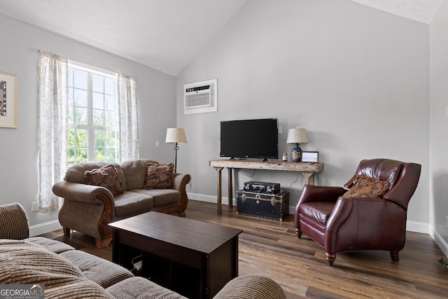 living room with a wall mounted air conditioner, high vaulted ceiling, and dark hardwood / wood-style floors