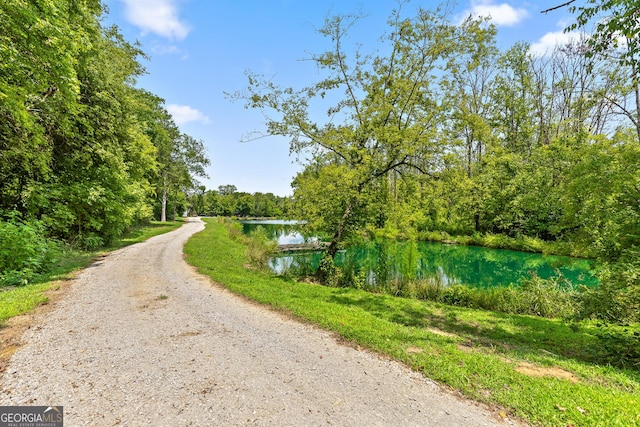 view of road with a water view