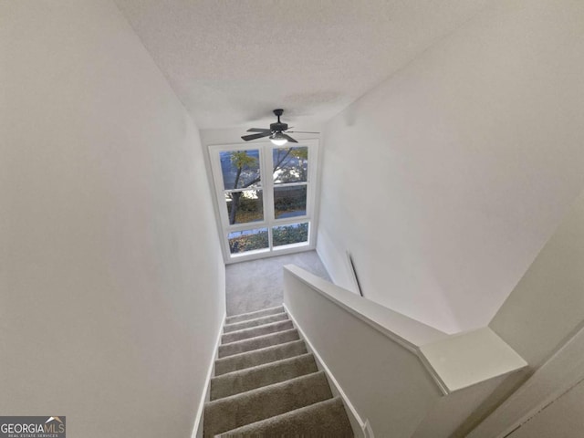 staircase featuring ceiling fan, carpet floors, and a textured ceiling