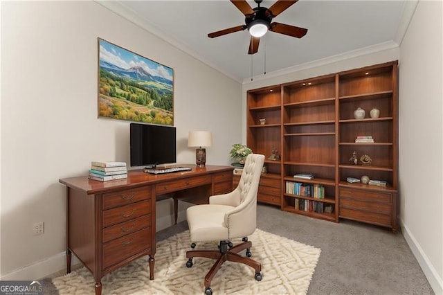 carpeted home office with ceiling fan and ornamental molding