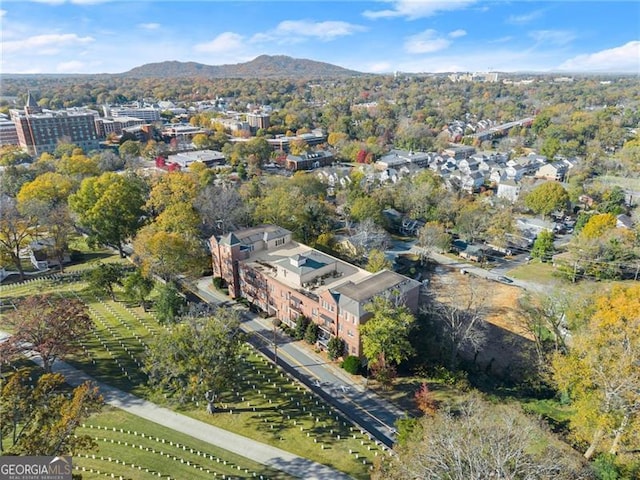 drone / aerial view featuring a mountain view