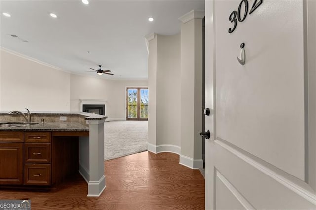 kitchen featuring crown molding, dark stone counters, dark hardwood / wood-style flooring, and sink