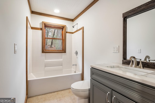 full bathroom with tile patterned flooring, bathtub / shower combination, vanity, and toilet