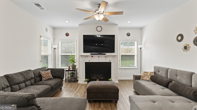 living room featuring ceiling fan and light hardwood / wood-style flooring