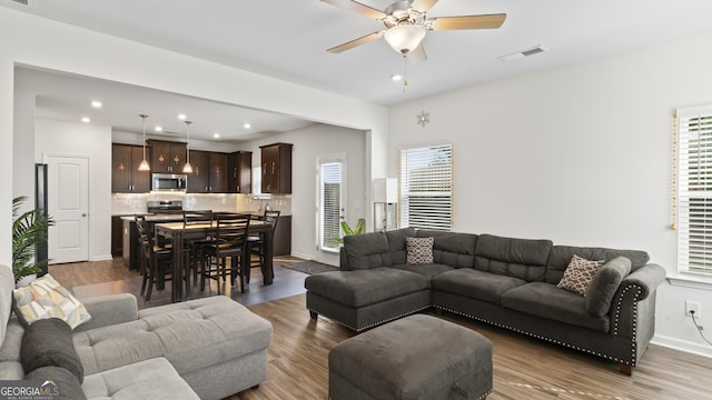 living room featuring ceiling fan and wood-type flooring