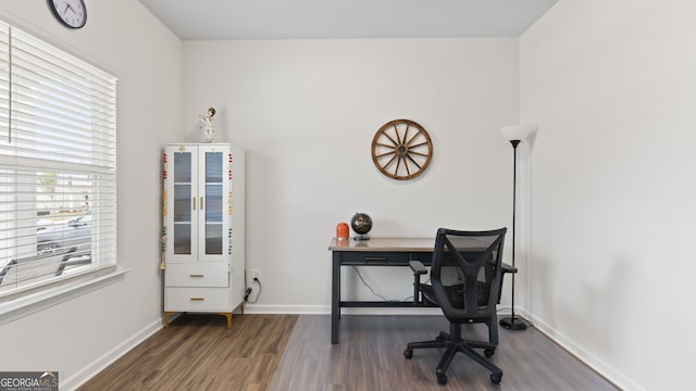 office with dark wood-type flooring