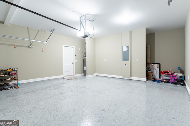 garage featuring electric panel, a garage door opener, and water heater