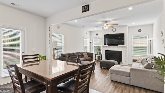 dining room featuring ceiling fan and wood-type flooring