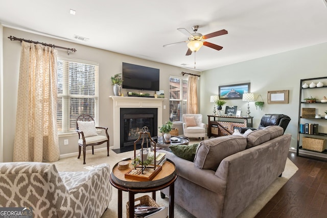 living room with ceiling fan and hardwood / wood-style floors