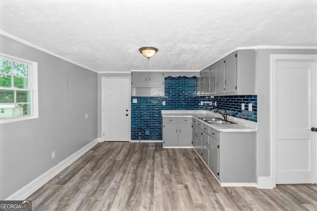 kitchen with hardwood / wood-style flooring, gray cabinetry, ornamental molding, and sink