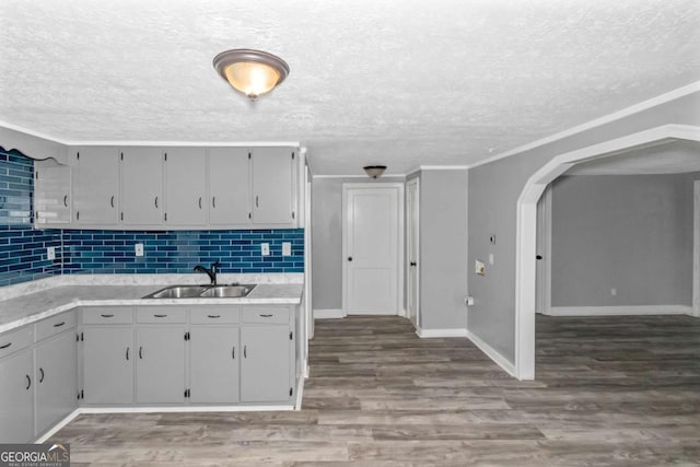 kitchen with tasteful backsplash, sink, light hardwood / wood-style floors, and ornamental molding