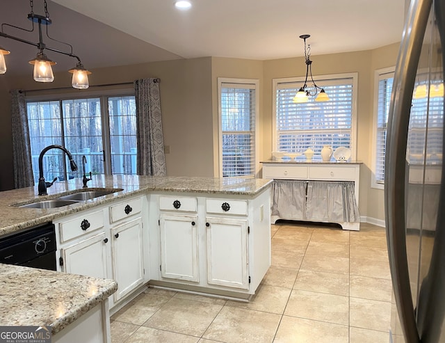 kitchen featuring white cabinets, black dishwasher, decorative light fixtures, and sink