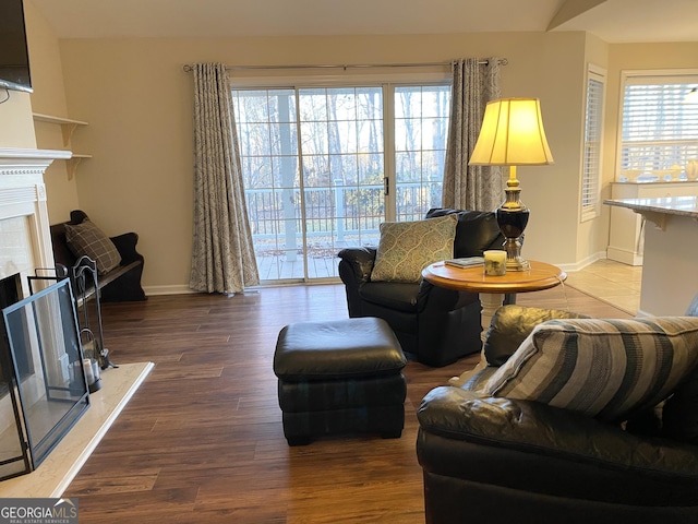 living room featuring wood-type flooring and a premium fireplace