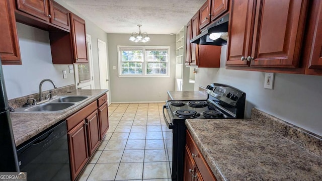 kitchen featuring black appliances, sink, hanging light fixtures, a textured ceiling, and a chandelier