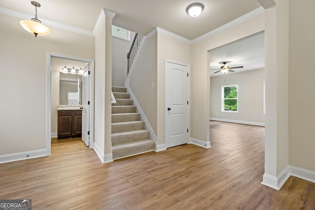 entryway featuring ceiling fan, light hardwood / wood-style floors, sink, and crown molding