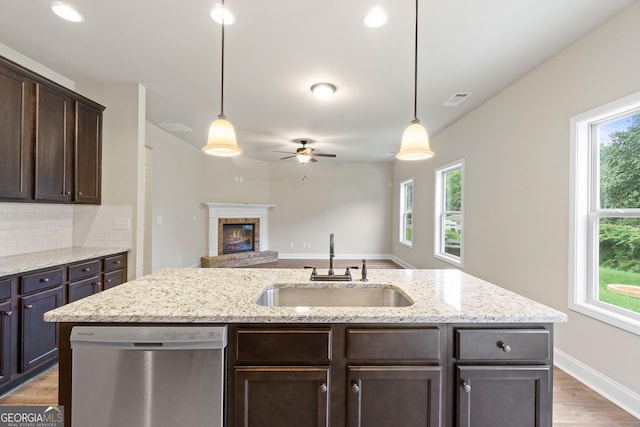 kitchen featuring a wealth of natural light, sink, stainless steel dishwasher, and dark brown cabinets