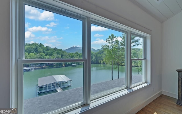 entryway with a water and mountain view, vaulted ceiling, and hardwood / wood-style flooring