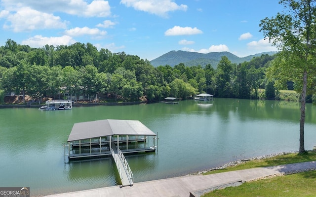 dock area featuring a water and mountain view