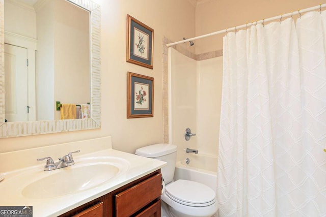 full bathroom with toilet, shower / bathtub combination with curtain, and vanity