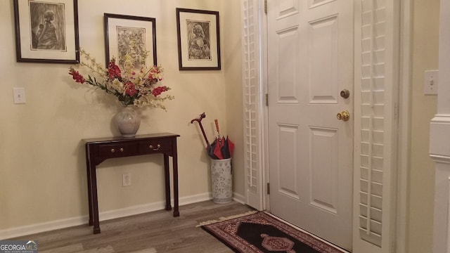 entryway with wood-type flooring