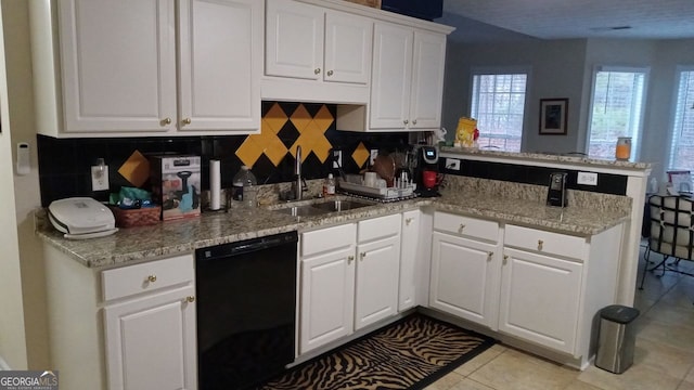 kitchen featuring white cabinetry, dishwasher, sink, and kitchen peninsula