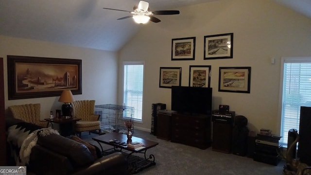 carpeted living room featuring lofted ceiling and ceiling fan