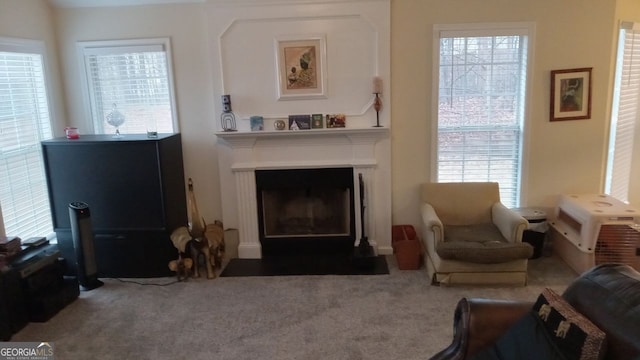 living room with a healthy amount of sunlight and dark carpet