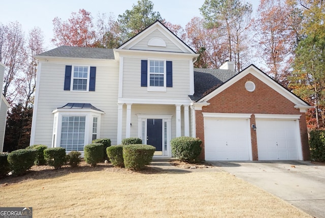 view of front of home with a garage, brick siding, driveway, roof with shingles, and a chimney