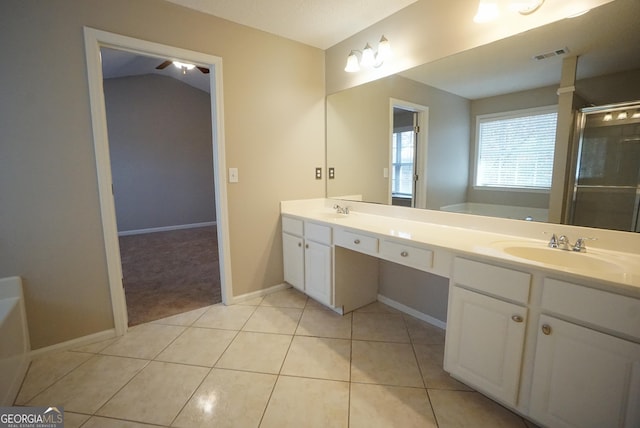 bathroom featuring visible vents, tile patterned floors, a sink, a shower stall, and a bath