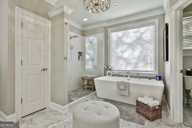 bathroom featuring crown molding, toilet, a notable chandelier, and shower with separate bathtub