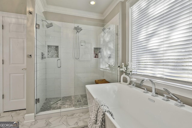 bathroom featuring plus walk in shower and ornamental molding