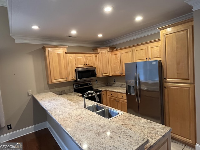 kitchen featuring sink, light hardwood / wood-style flooring, ornamental molding, appliances with stainless steel finishes, and kitchen peninsula