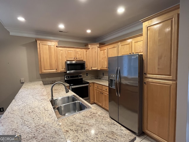 kitchen featuring appliances with stainless steel finishes, sink, kitchen peninsula, crown molding, and light stone countertops