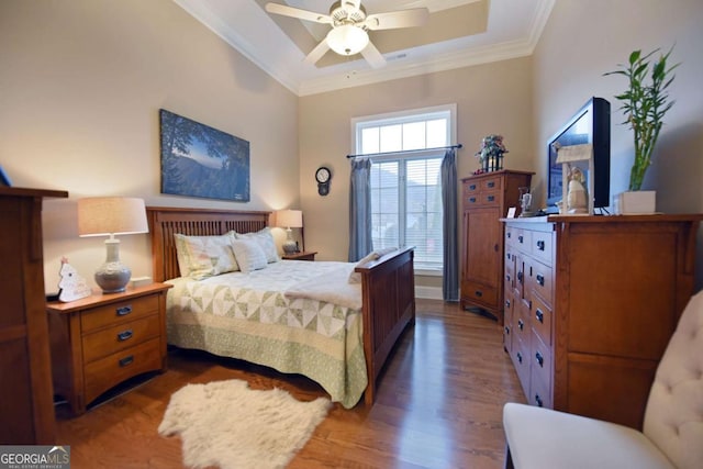 bedroom featuring dark hardwood / wood-style flooring, crown molding, a tray ceiling, and ceiling fan