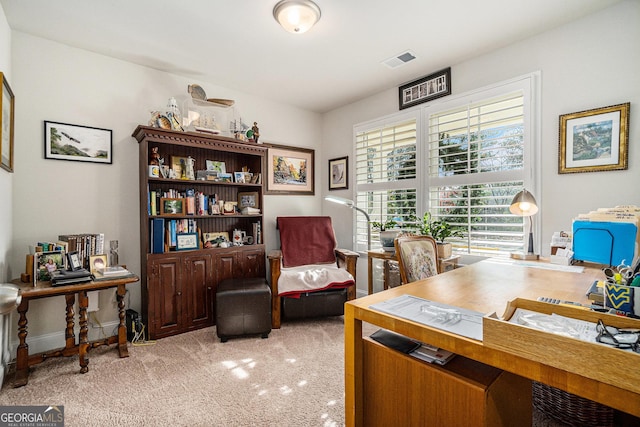 office space with light colored carpet