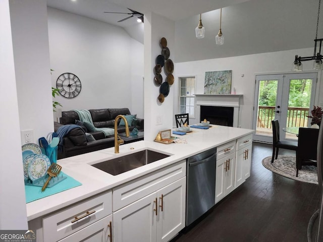 kitchen with white cabinetry, stainless steel dishwasher, dark wood-type flooring, and sink