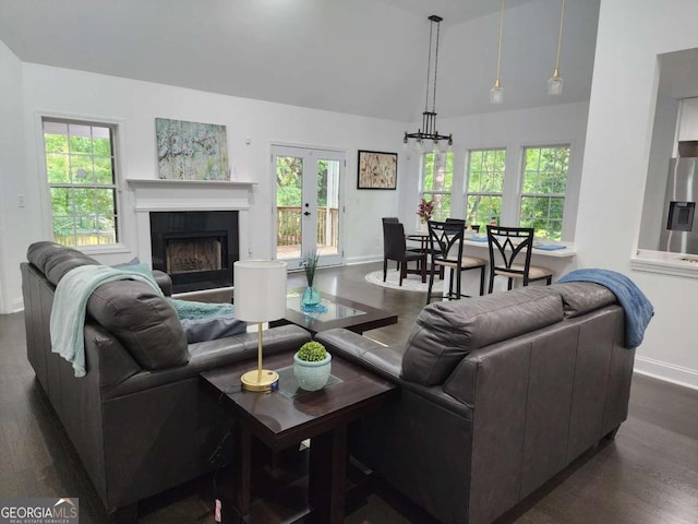 living room featuring french doors, plenty of natural light, and dark wood-type flooring