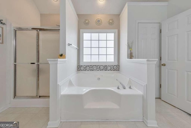 bathroom with tile patterned flooring and plus walk in shower